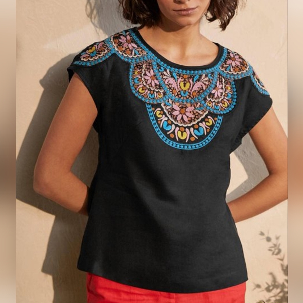 Boden, Black, Embroidered, Linen, Crewneck Top, size 8